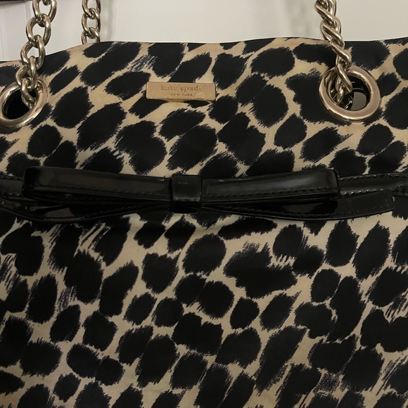 Kate Spade Leopard Print Tote Bag Black Patent Trim Chain Shoulder Purse - Picture 2 of 9